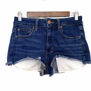 American Eagle Hi-Rise Shortie Dark Wash Cut Off Raw Hem Denim Jean Shorts Sz 6